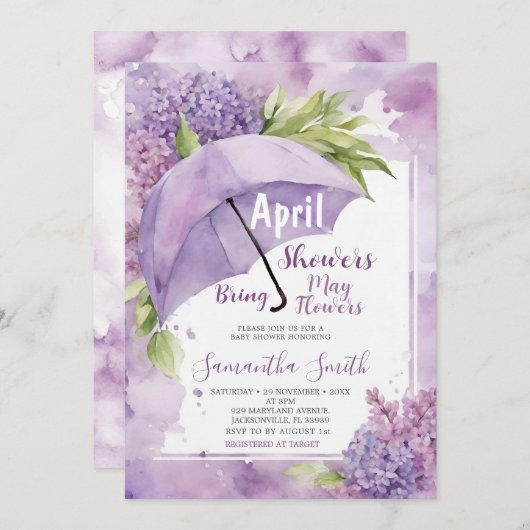 Invitation Avril Douches Apportent Mai Fleurs Purple Paraplui (Devant / Derrière)