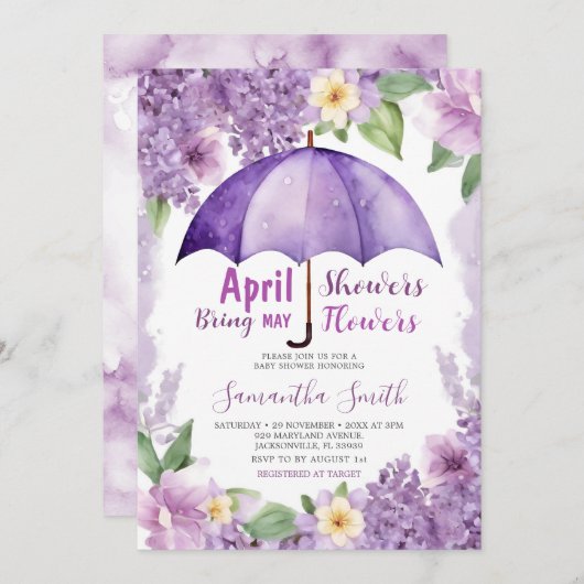 Invitation Avril Douches Apportent Mai Fleurs Purple Paraplui (Devant / Derrière)