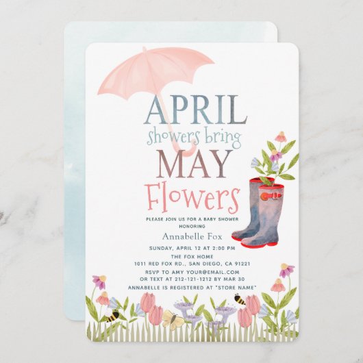 Invitation Avril Douches Apporter Mai Fleurs Baby shower Invi (Devant / Derrière)