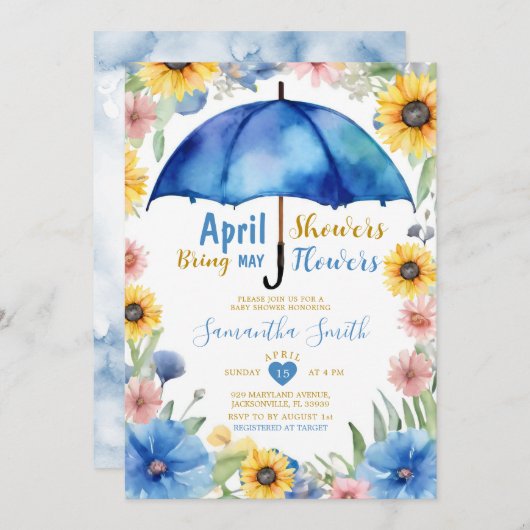 Invitation Avril Pluies Apportent Fleurs De Mai Parapluie Ble (Devant / Derrière)