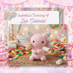 Invitation Axolotl au Crochet Anniversaire Bonbon Pastel