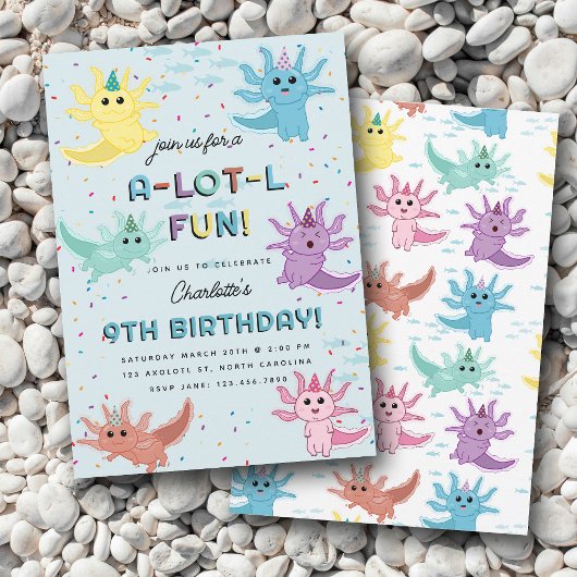 Invitation Axolotl Kids Cute Salamander Blue Anniversaire