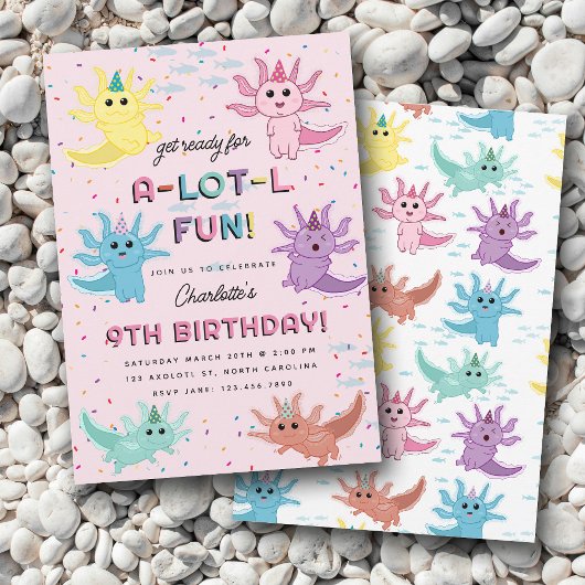 Invitation Axolotl Kids Cute Salamander Pink Anniversaire