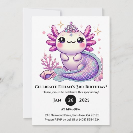 Invitation Axolotl Mermaid Princess Birthday (Devant)