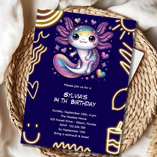Invitation Axolotl neon laser birthday party