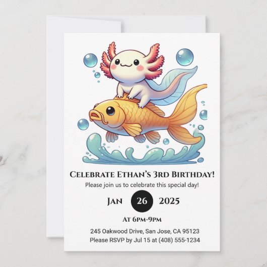 Invitation Axolotl Riding Poisson d'or Anniversaire (Devant)