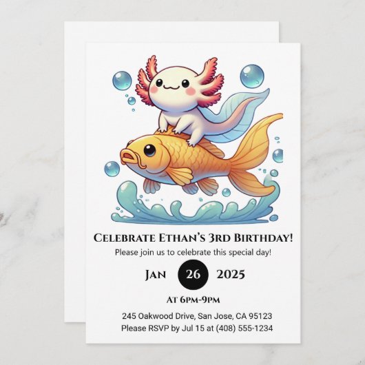Invitation Axolotl Riding Poisson d'or Anniversaire (Devant / Derrière)