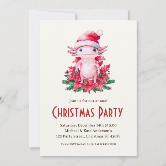 Invitation Axolotl Santa Hat Poinsettias fête de Noël (Devant)
