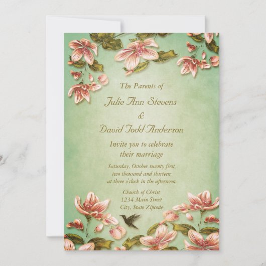 Invitation Azalées roses Vintage sur Green Mist Mariage (Devant)
