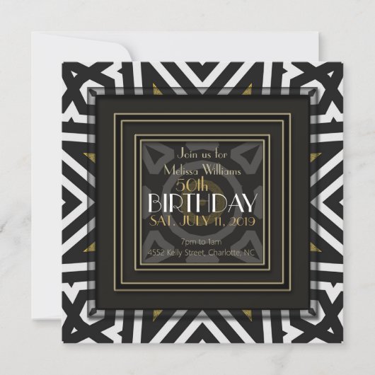 Invitation Aztec Boho Cool Noir Blanc Or 50e Anniversaire (Devant)