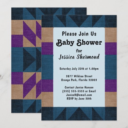 Invitation Aztec Tribal Abstrait Baby shower Bleu Violet Tan (Devant / Derrière)