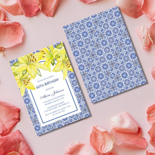 Invitation Azulejo bleu portugais Jaune Lily Anniversaire