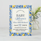 Invitation Azulejo Lemons Blue Leaves Botanical Baby Shower (Debout devant)
