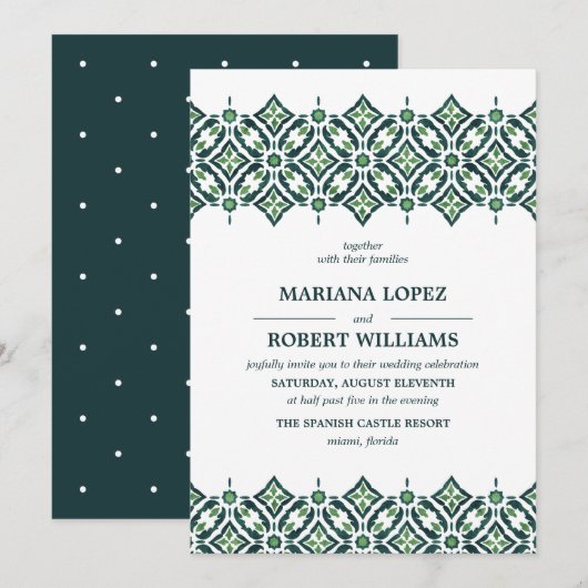 Invitation Azulejo vert | Espagnol Mariage de dentelle fronti (Devant / Derrière)