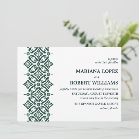Invitation Azulejo vert | Mariage frontalier espagnol carreau (Debout devant)
