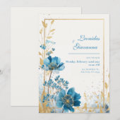 Invitation Azure Blooms & Gold Leaf Watercolor Mariage (Devant / Derrière)