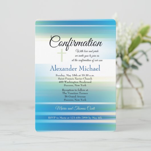 Invitation azurée de confirmation de ciel (Debout devant)