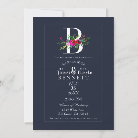 Invitation B Monogramme Dernière Initiale Moderne Bleu Floral (Devant)