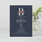 Invitation B Monogramme Dernière Initiale Moderne Bleu Floral (Debout devant)