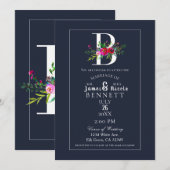 Invitation B Monogramme Dernière Initiale Moderne Bleu Floral (Devant / Derrière)