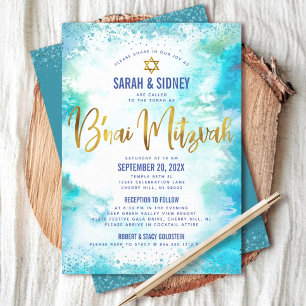 Invitation B’nai Mitzvah Or Turquoise Aquarelle 2