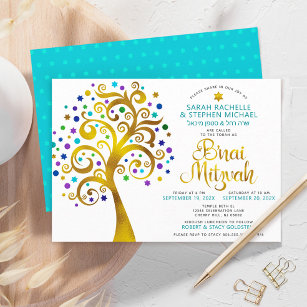 Invitation B’nai Mitzvah Turquoise Gold Tree of Life 2 Date