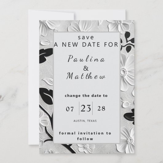 Invitation B & W Florals Changer la date du Mariage (Devant)