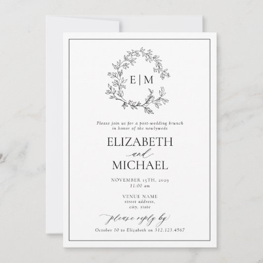 Invitation B&W Leafy Crest Monogramme Post Mariage Brunch (Devant)