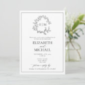 Invitation B&W Leafy Crest Monogramme Post Mariage Brunch (Debout devant)