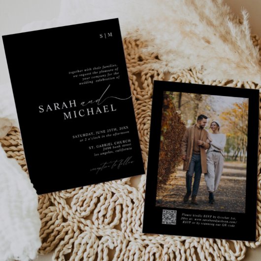 Invitation B&W minimal élégant script moderne QR Code Mariage