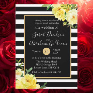 Invitation B+W Stripes Fleurs Mariage Roses Jaunes