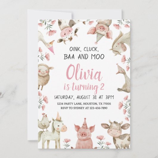 Invitation Baa Oink Moo Je suis deux Invitation, Farm Girl 2e (Devant)