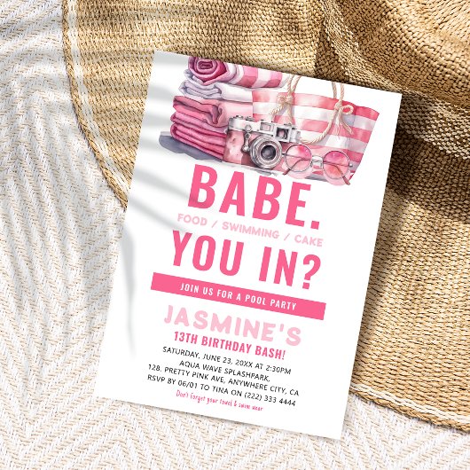 Invitation BABE Pink Pool Party Fille Anniversaire