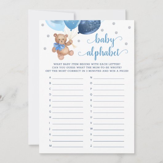 Invitation Baby Alphabet ABC Jeu Baby shower Teddy Bear Card (Devant)