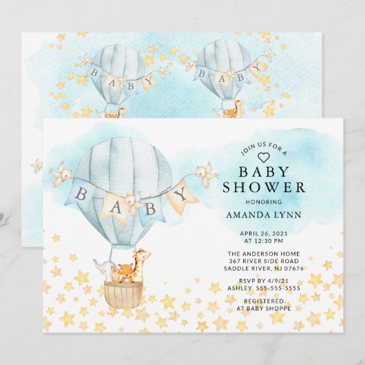 Invitation Baby Animals Hot Air Balloon Baby Boys Douche (Devant / Derrière)
