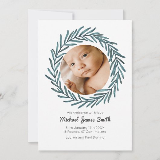 Invitation Baby Announcement Photo Card Wreath Baby greenery (Devant)