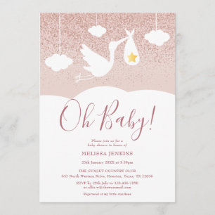 Invitation Baby Baby Shower Stork Rose Gold Pailleté