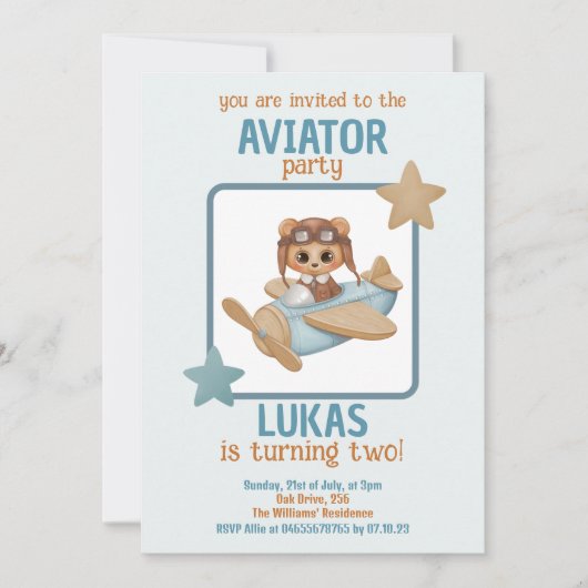 Invitation Baby Bear Aviator Party Boy Anniversaire (Devant)