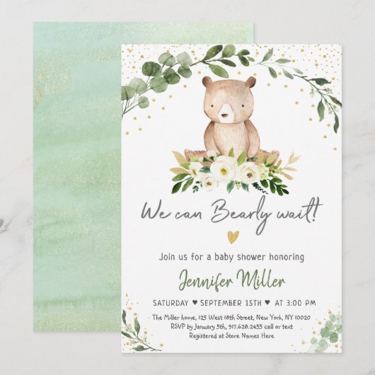 Invitation Baby Bear Greenery Gold Floral Baby shower (Devant / Derrière)