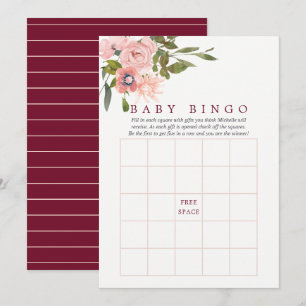Invitation Baby Bingo Baby Shower Fleurs Roses et Bourgogne