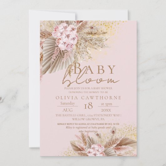 Invitation Baby Bloom Blush Rose Boho Fleurs Fille Douche (Devant)