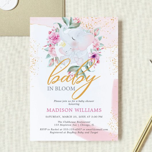 Invitation Baby Bloom Elephant Élégant baby shower fille