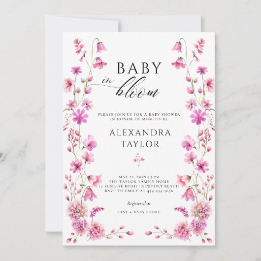 Invitation Baby Bloom Fleur sauvage Garden Bold Rose Girl Dou (Devant)