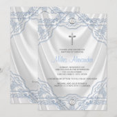 Invitation Baby Blue Baptism Christening White Satin (Devant / Derrière)