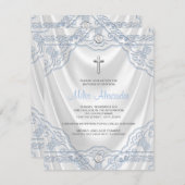Invitation Baby Blue Baptism Christening White Satin (Devant / Derrière)