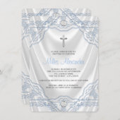Invitation Baby Blue Baptism Christening White Satin (Devant / Derrière)