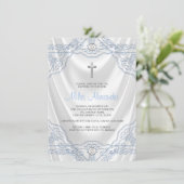 Invitation Baby Blue Baptism Christening White Satin (Debout devant)