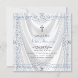 Invitation Baby Blue Baptism Christening White Satin