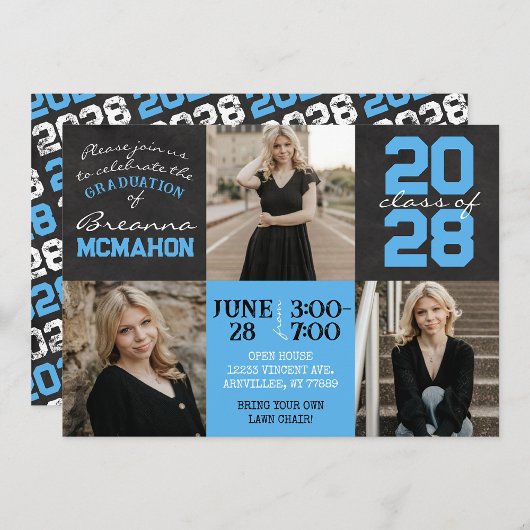 Invitation Baby Blue & Black Chalkboard 3 Photo Graduation