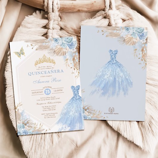 Invitation Baby Blue Boho Floral Quinceañera 15e anniversaire